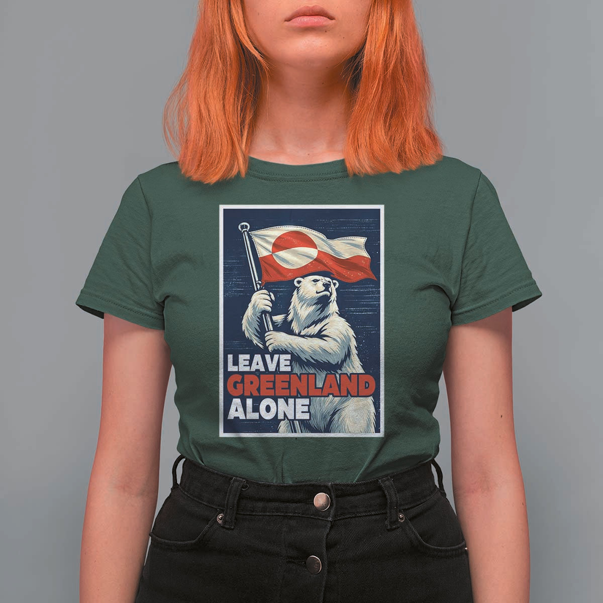 Leave Greenland Alone Vintage Poster Graphic T Shirt For Women Retro Polar Bear Waving Flag Patriot