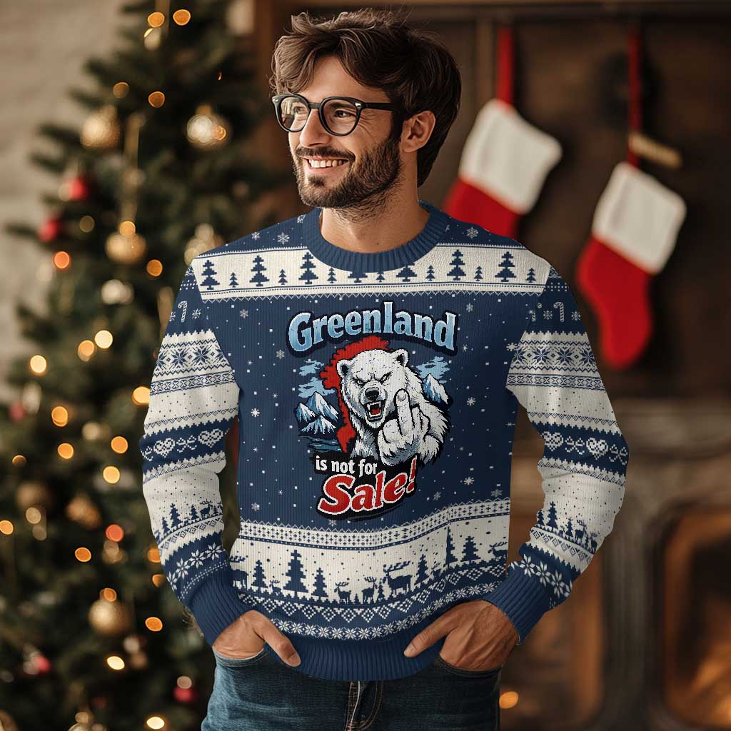Greenland Is Not For Sale Protest Ugly Christmas Sweater Aggressive Polar Bear with Middle Finger Graphic