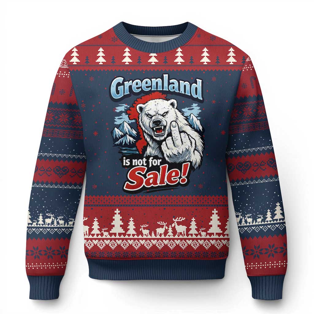 Greenland Is Not For Sale Protest Ugly Christmas Sweater Aggressive Polar Bear with Middle Finger Graphic