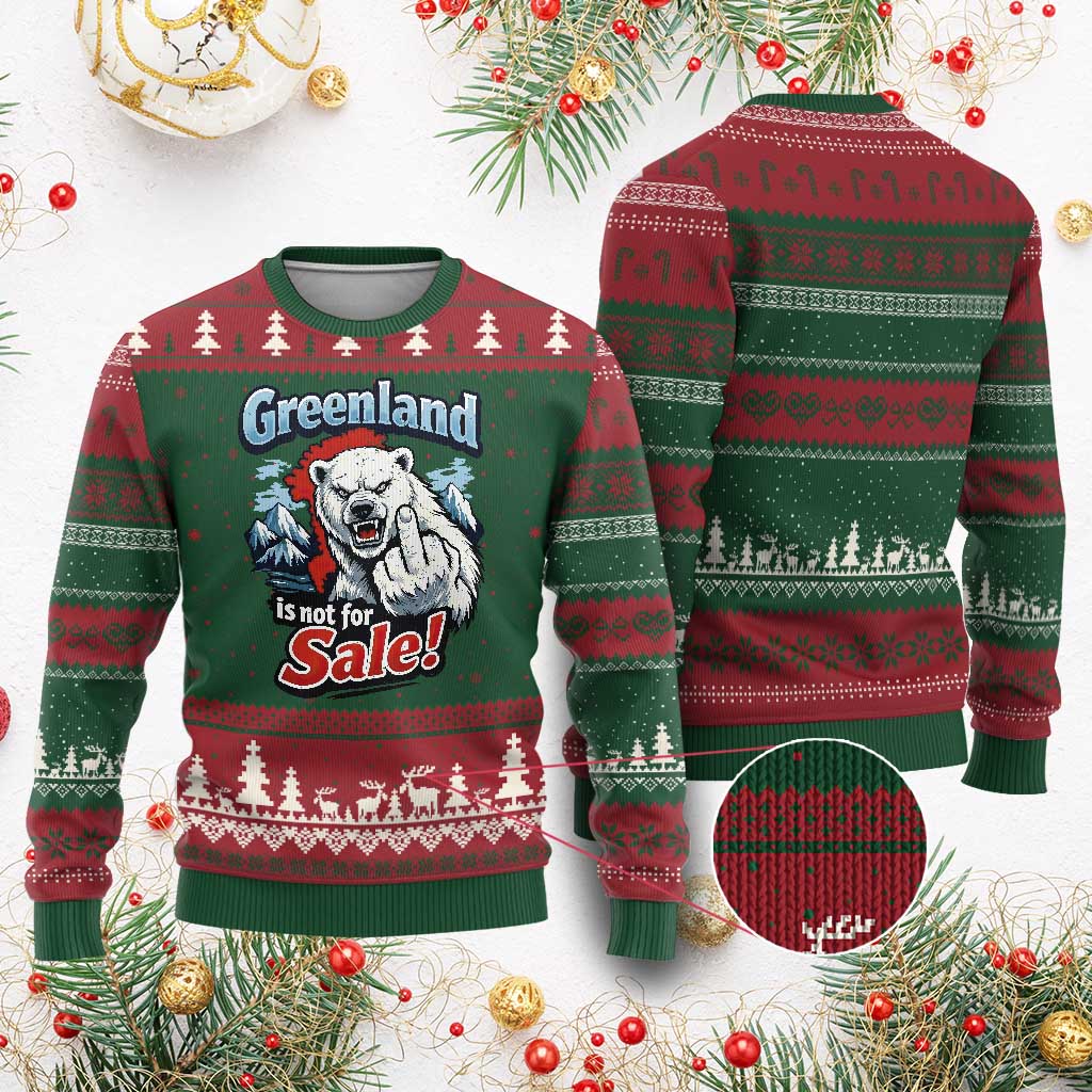 Greenland Is Not For Sale Protest Ugly Christmas Sweater Aggressive Polar Bear with Middle Finger Graphic