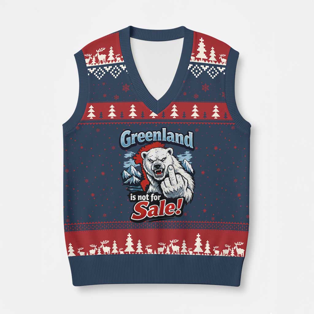 Greenland Is Not For Sale Protest V-Neck Knit Sweater Vest Aggressive Polar Bear with Middle Finger Graphic
