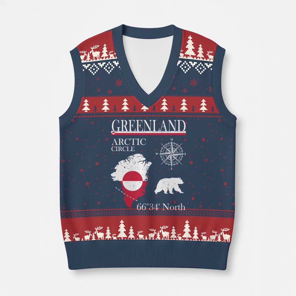 Greenland Arctic Circle V-Neck Knit Sweater Vest Map Compass and Polar Bear Adventure