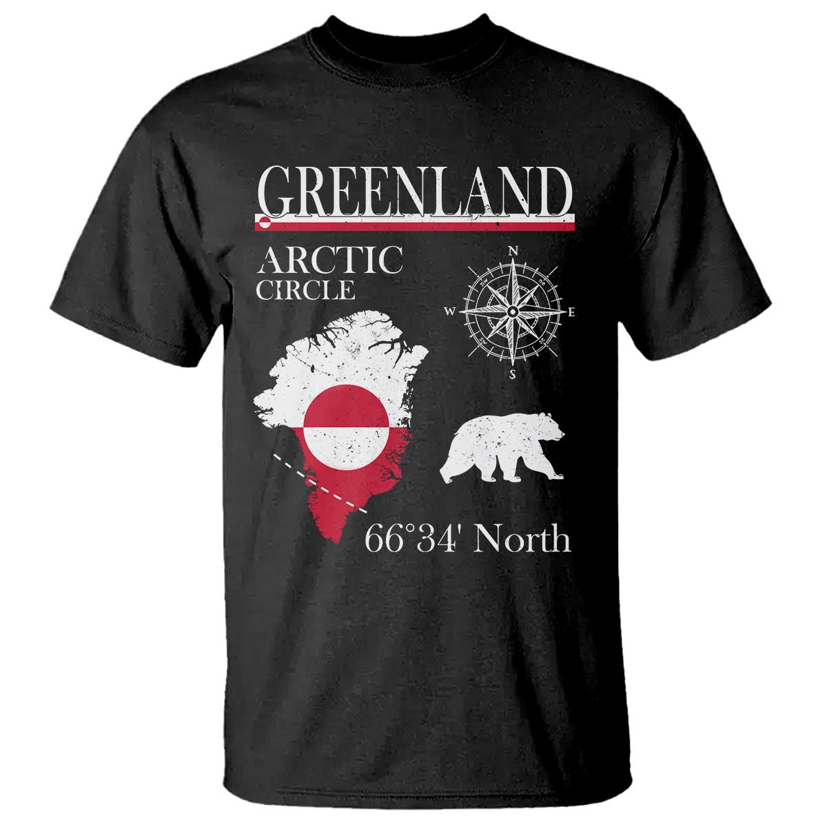 Greenland Arctic Circle T Shirt Map Compass and Polar Bear Adventure