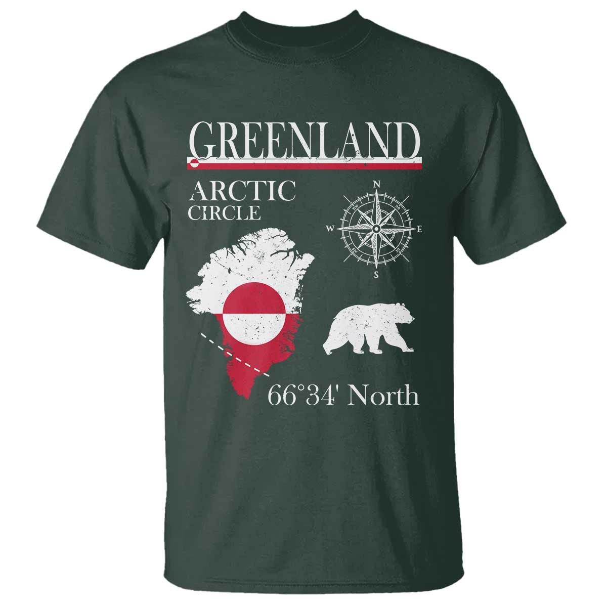 Greenland Arctic Circle T Shirt Map Compass and Polar Bear Adventure
