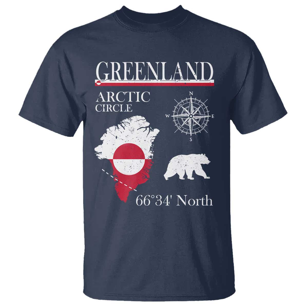 Greenland Arctic Circle T Shirt Map Compass and Polar Bear Adventure