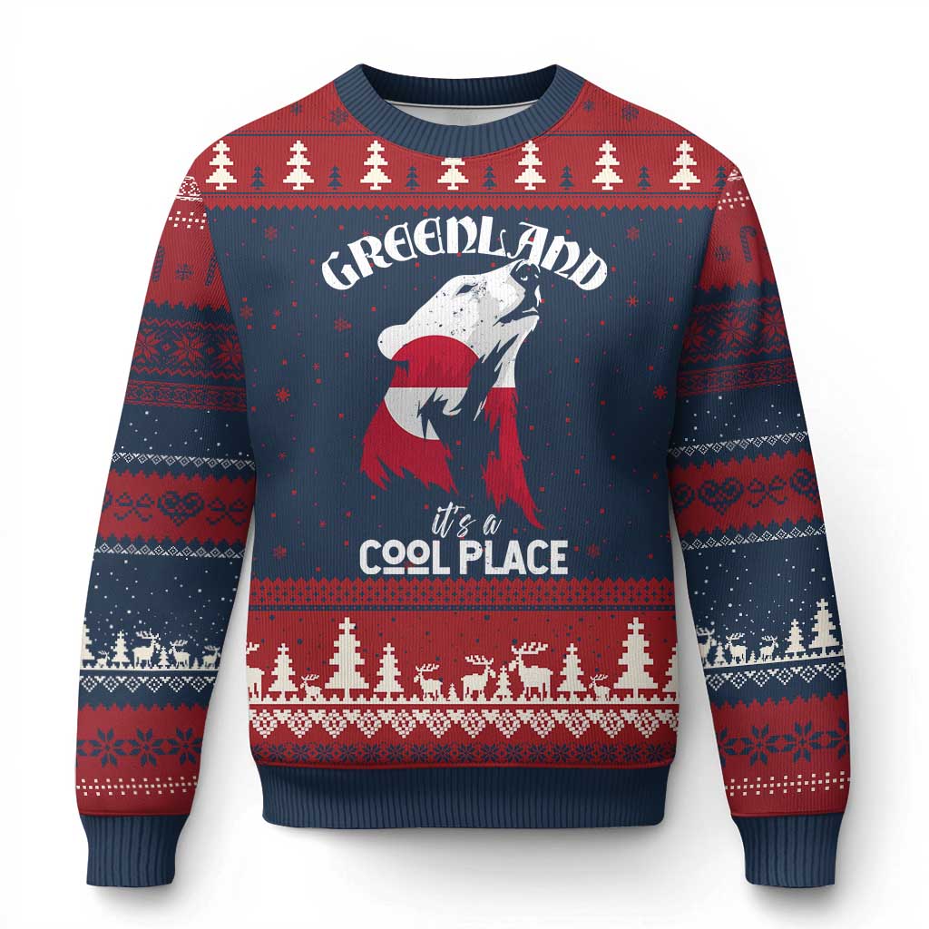 Polar Bear Greenland Flag Graphic Ugly Christmas Sweater It's a Cool Place Arctic Circle