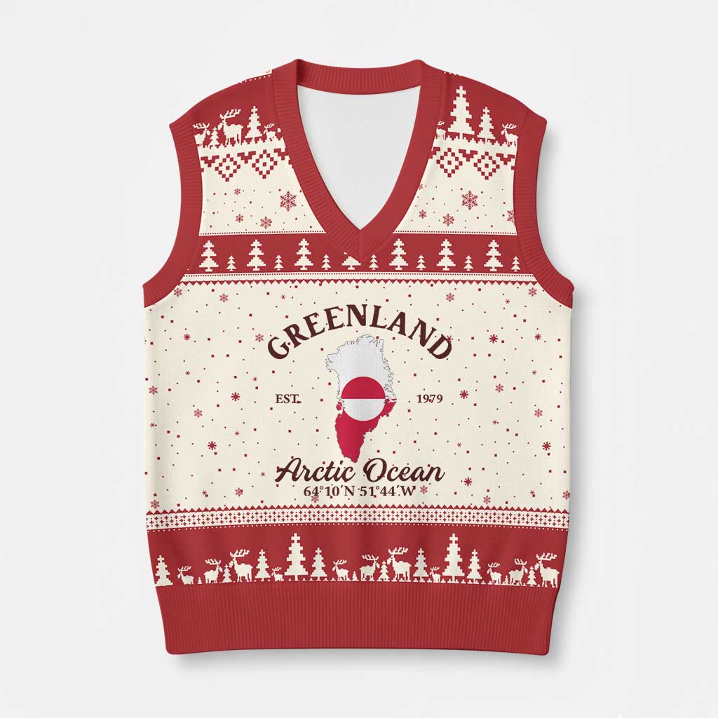 Greenland Arctic Ocean V-Neck Knit Sweater Vest Vintage Coordinates Map National Flag Pride
