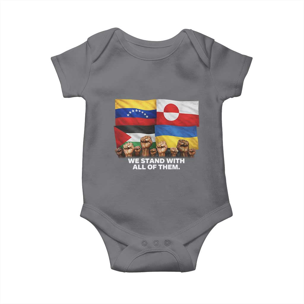 We Stand With Venezuela Greenland Ukraine Palestine Baby Onesie Solidarity Fists Flags Global Support