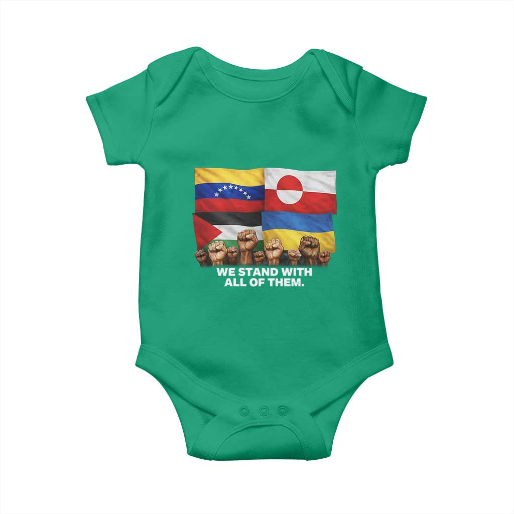 We Stand With Venezuela Greenland Ukraine Palestine Baby Onesie Solidarity Fists Flags Global Support