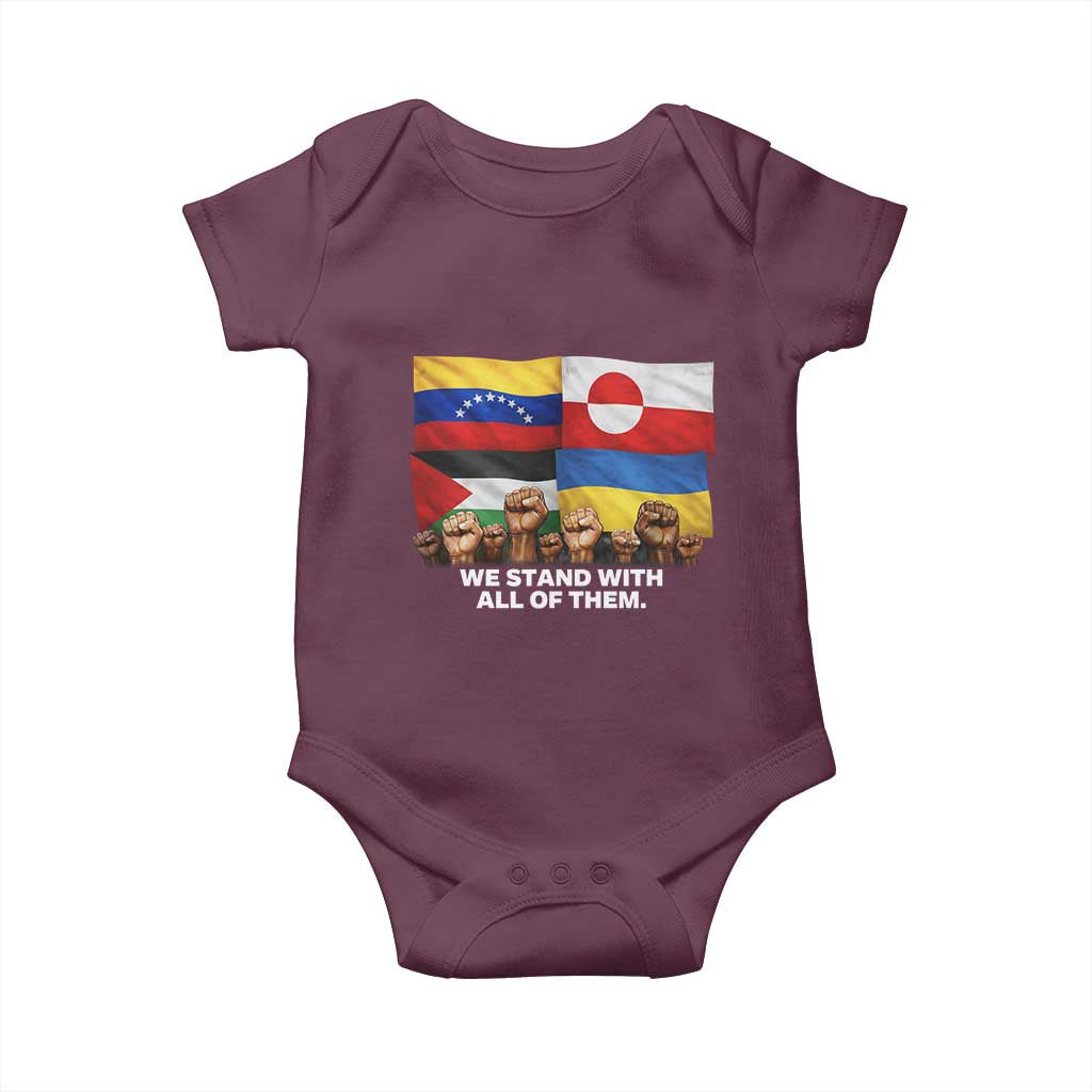 We Stand With Venezuela Greenland Ukraine Palestine Baby Onesie Solidarity Fists Flags Global Support