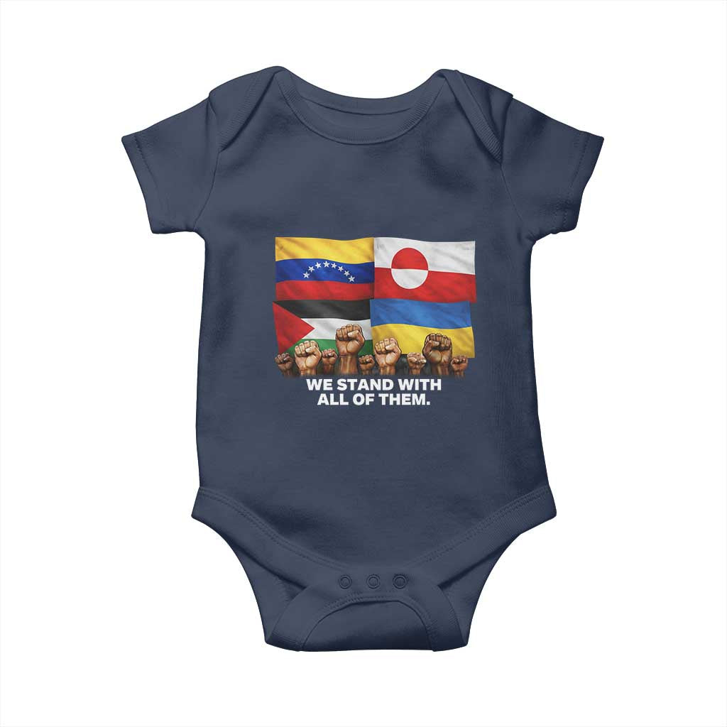 We Stand With Venezuela Greenland Ukraine Palestine Baby Onesie Solidarity Fists Flags Global Support
