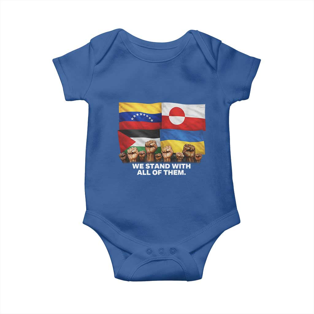 We Stand With Venezuela Greenland Ukraine Palestine Baby Onesie Solidarity Fists Flags Global Support