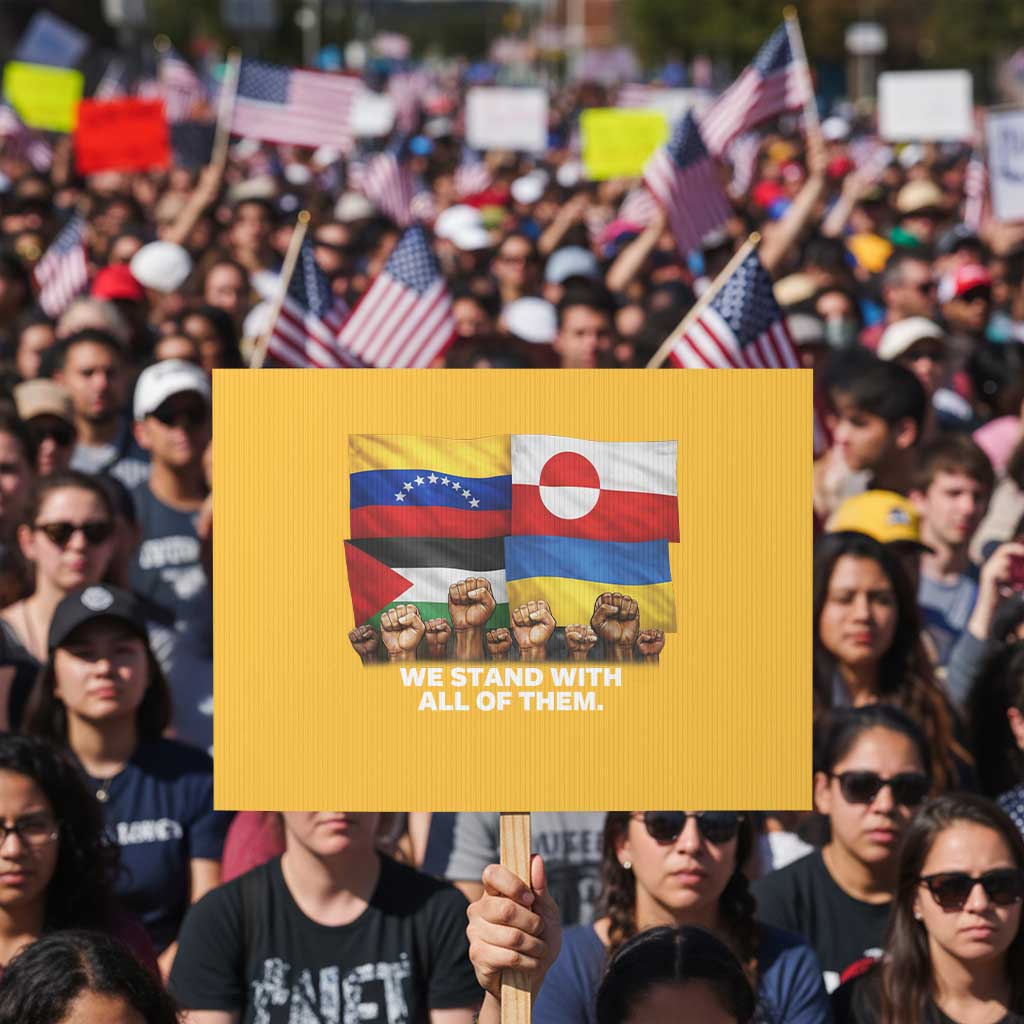 We Stand With Venezuela Greenland Ukraine Palestine Protest Sign Solidarity Fists Flags Global Support