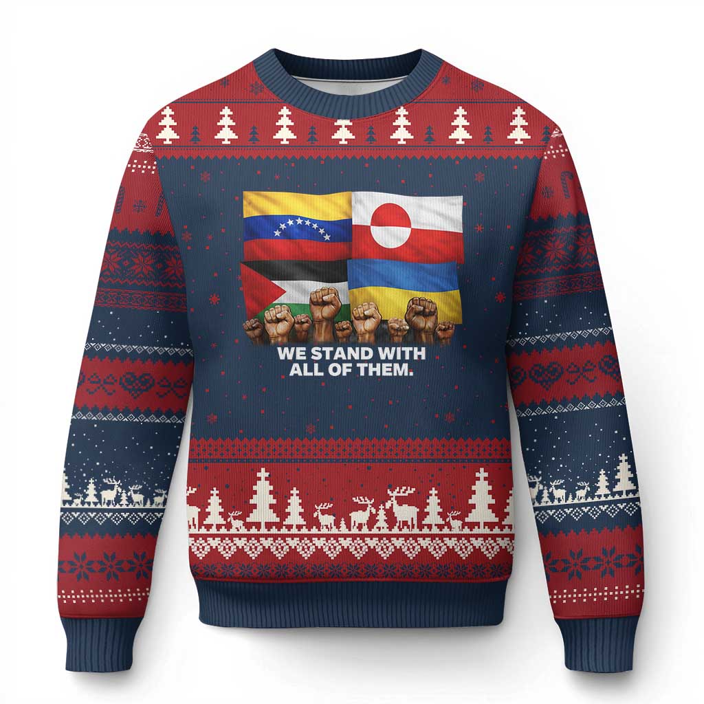 We Stand With Venezuela Greenland Ukraine Palestine Ugly Christmas Sweater Solidarity Fists Flags Global Support