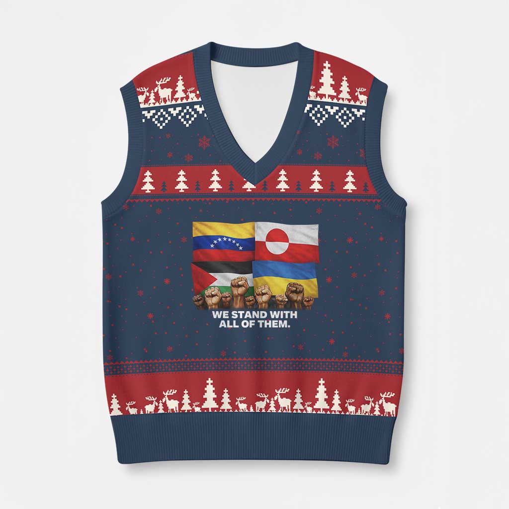 We Stand With Venezuela Greenland Ukraine Palestine V-Neck Knit Sweater Vest Solidarity Fists Flags Global Support