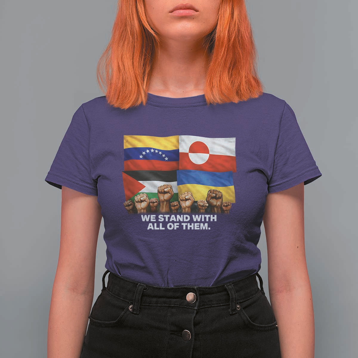 We Stand With Venezuela Greenland Ukraine Palestine T Shirt For Women Solidarity Fists Flags Global Support