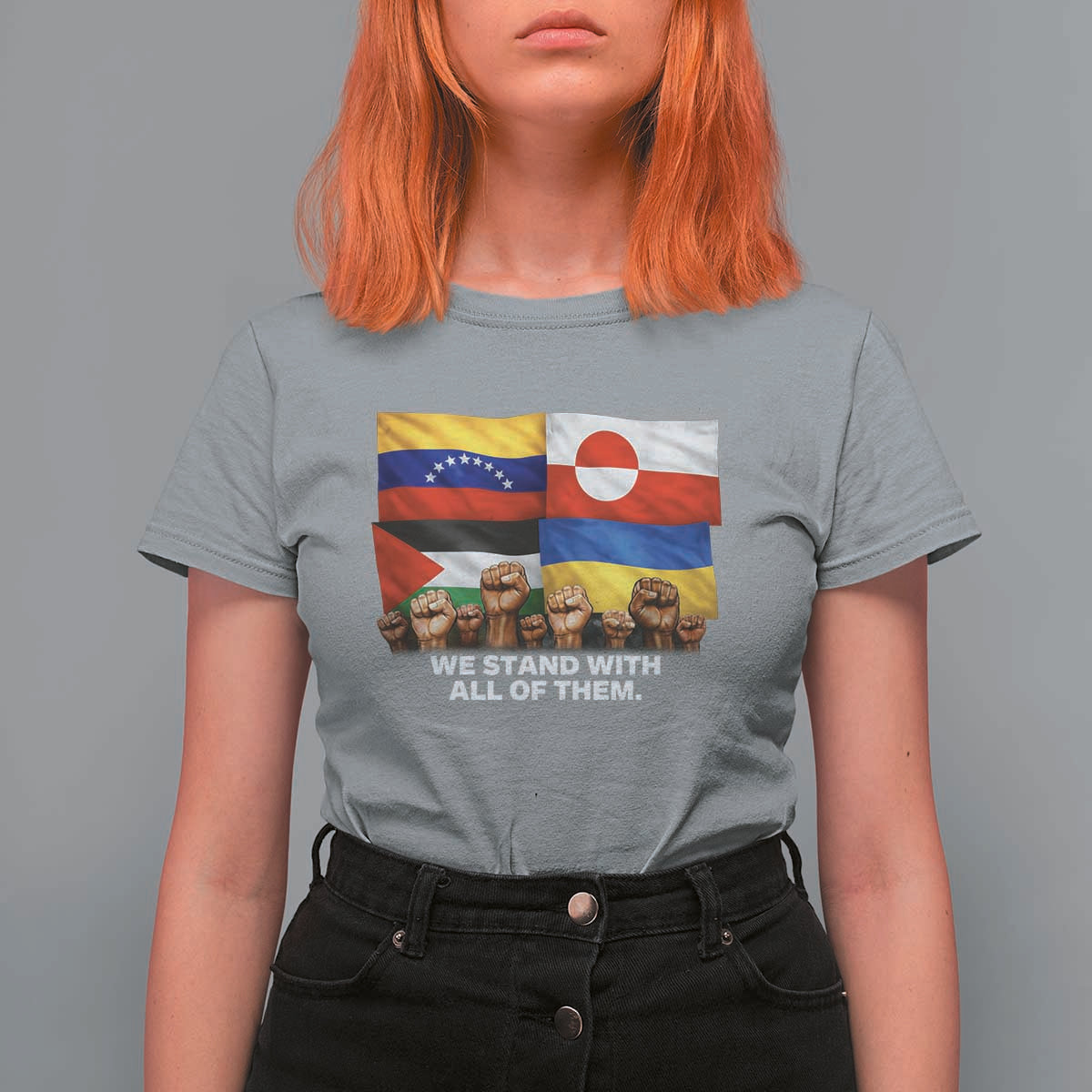 We Stand With Venezuela Greenland Ukraine Palestine T Shirt For Women Solidarity Fists Flags Global Support