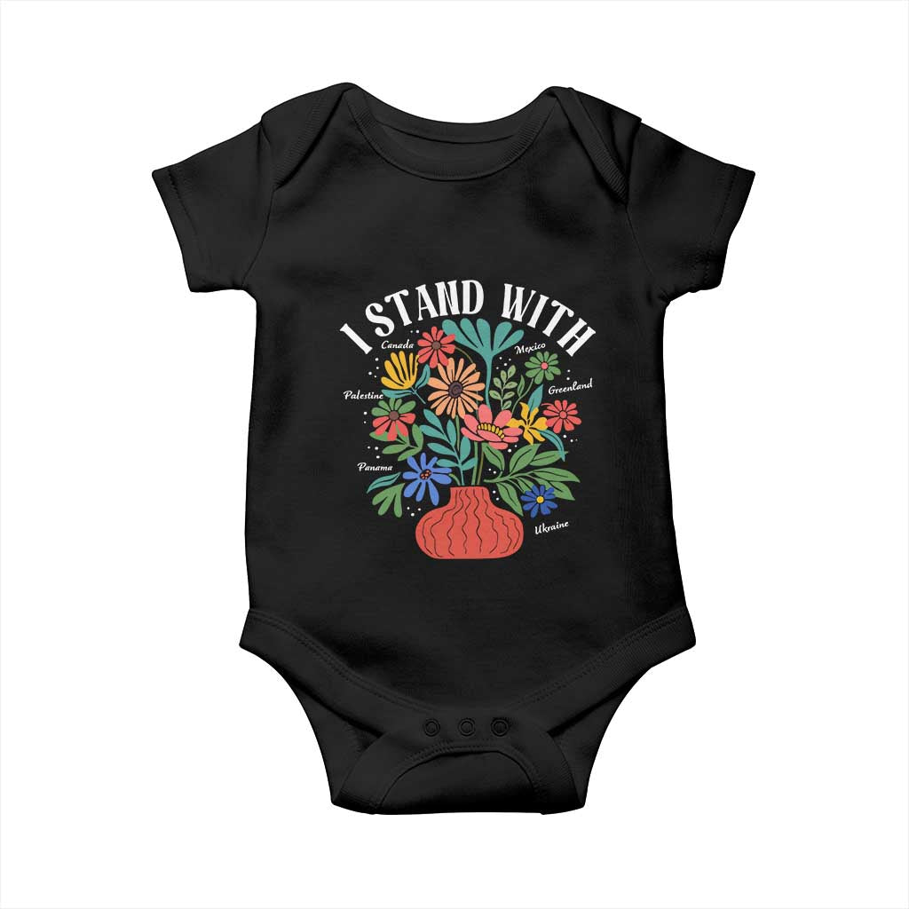 I Stand With Mexico Greenland Ukraine Canada Palestine Panama Baby Onesie Colorful Floral Solidarity Global Unity