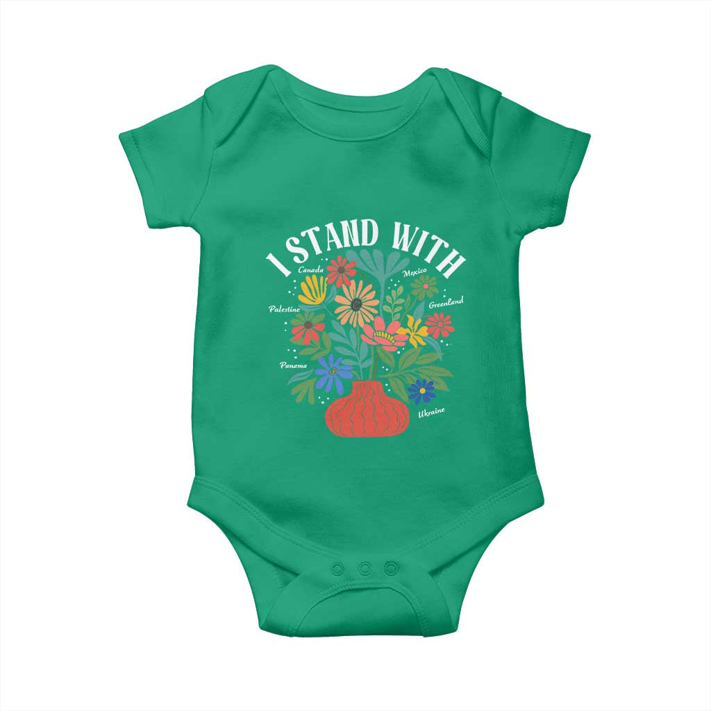 I Stand With Mexico Greenland Ukraine Canada Palestine Panama Baby Onesie Colorful Floral Solidarity Global Unity