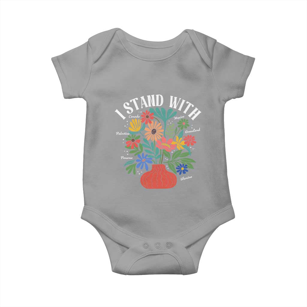 I Stand With Mexico Greenland Ukraine Canada Palestine Panama Baby Onesie Colorful Floral Solidarity Global Unity
