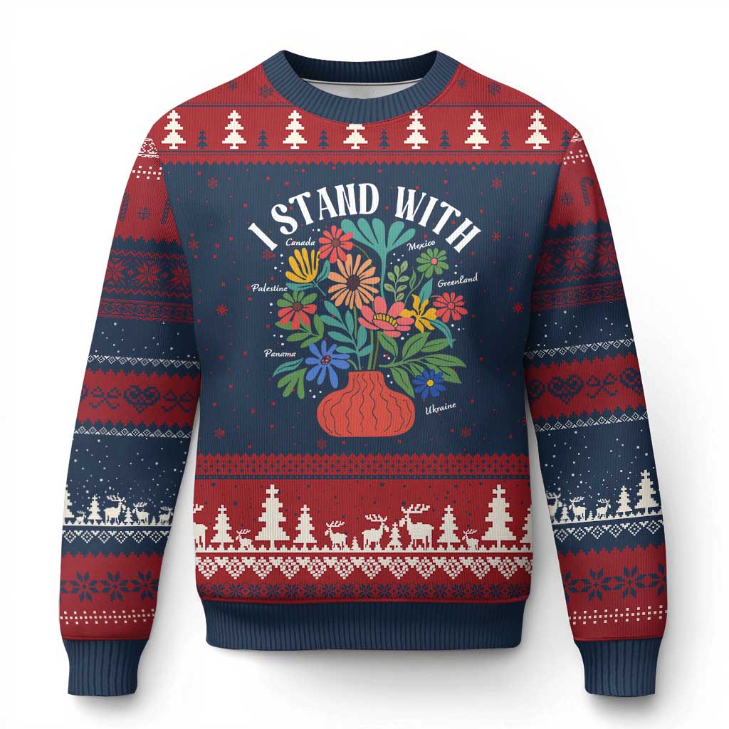 I Stand With Mexico Greenland Ukraine Canada Palestine Panama Ugly Christmas Sweater Colorful Floral Solidarity Global Unity