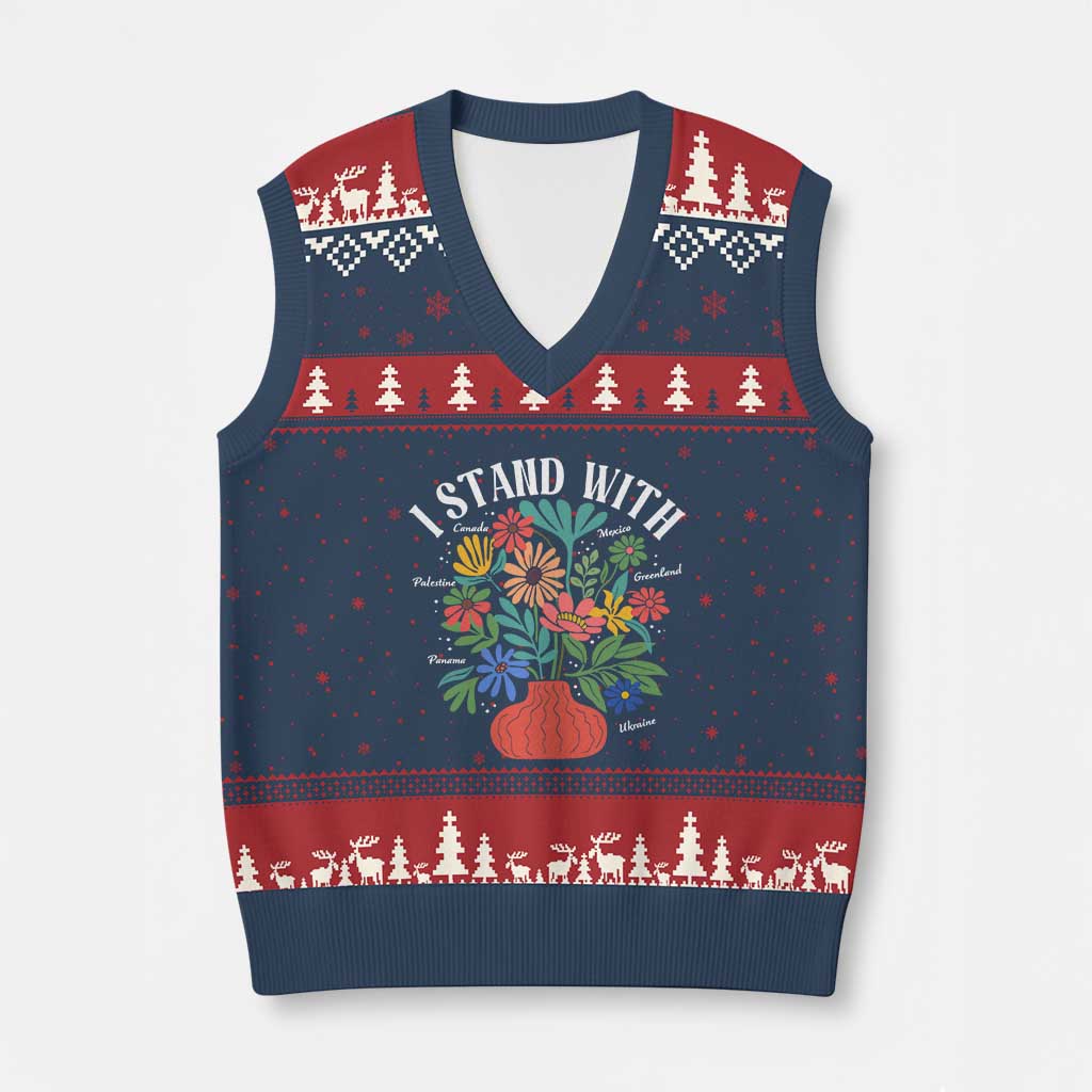 I Stand With Mexico Greenland Ukraine Canada Palestine Panama V-Neck Knit Sweater Vest Colorful Floral Solidarity Global Unity