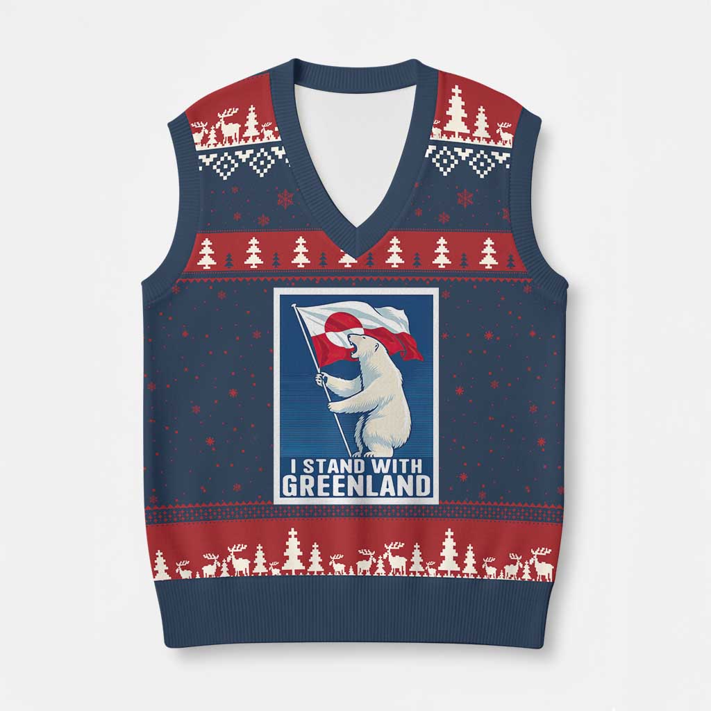 I Stand With Greenland Polar Bear Resist V-Neck Knit Sweater Vest Vintage Patriotic Propaganda Sovereignty Protest