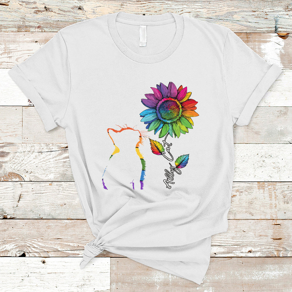 Gay Ally T Shirt LGBT Pride Ally Cat Gay Pride Rainbow Cat Sunshine Sunflower - Wonder Print Shop