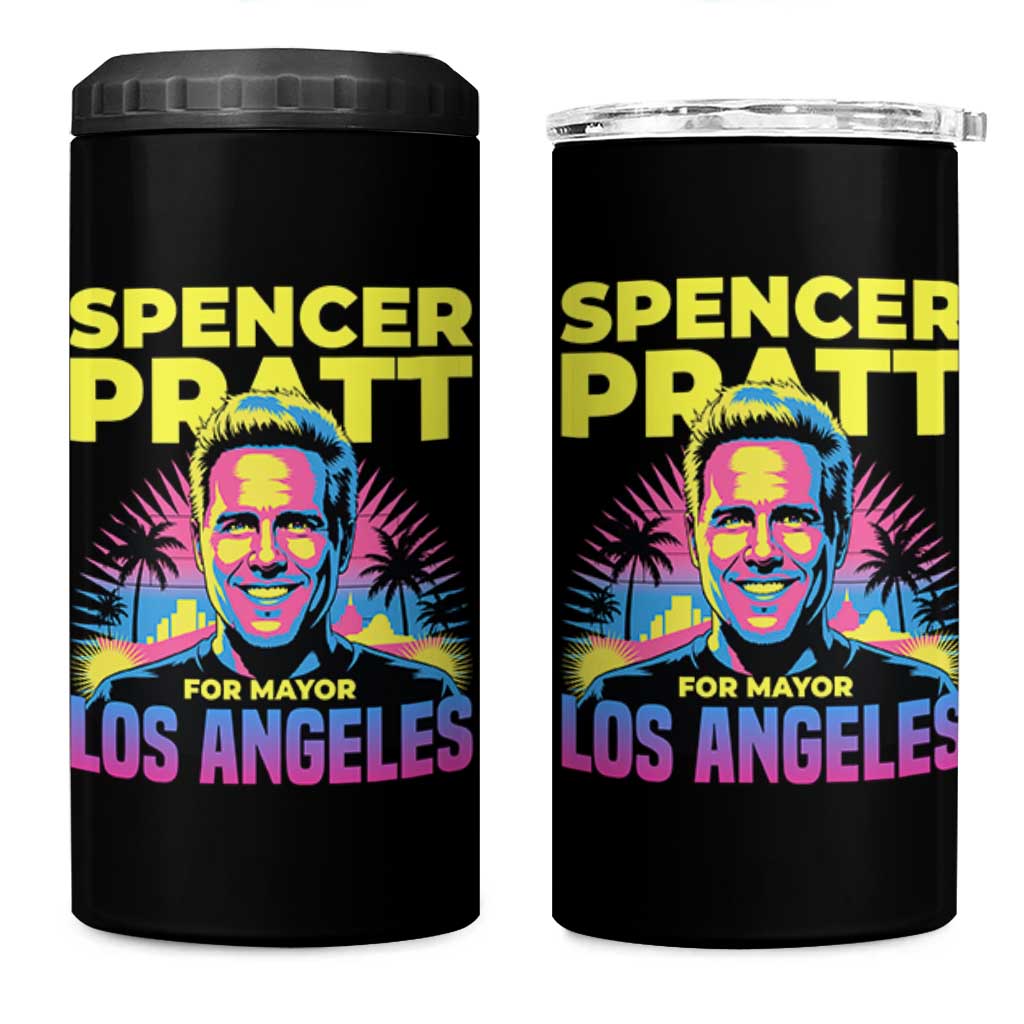Spencer Pratt for Mayor Los Angeles Synthwave Graphic 4 in 1 Can Cooler Tumbler Retro Neon California Supporter