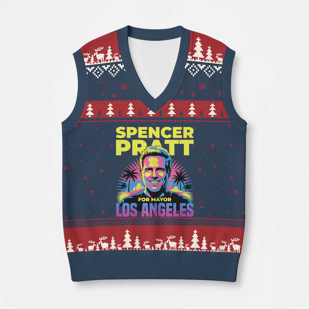 Spencer Pratt for Mayor Los Angeles Synthwave Graphic V-Neck Knit Sweater Vest Retro Neon California Supporter