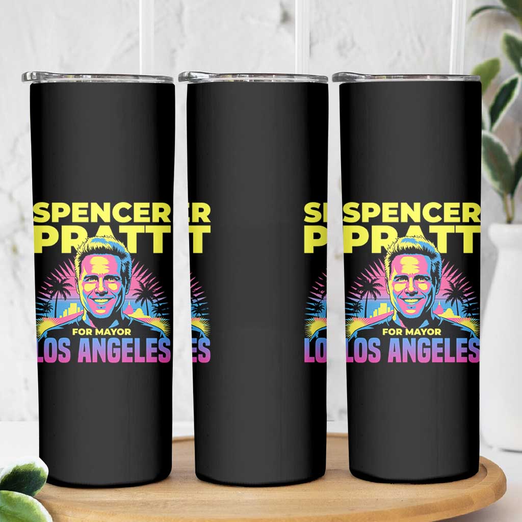 Spencer Pratt for Mayor Los Angeles Synthwave Graphic Skinny Tumbler Retro Neon California Supporter