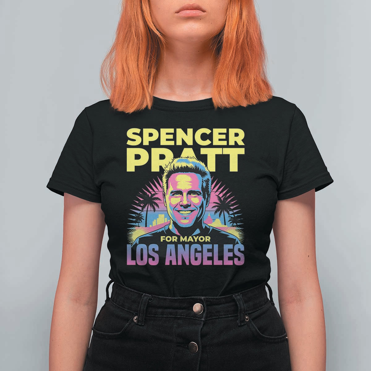Spencer Pratt for Mayor Los Angeles Synthwave Graphic T Shirt For Women Retro Neon California Supporter