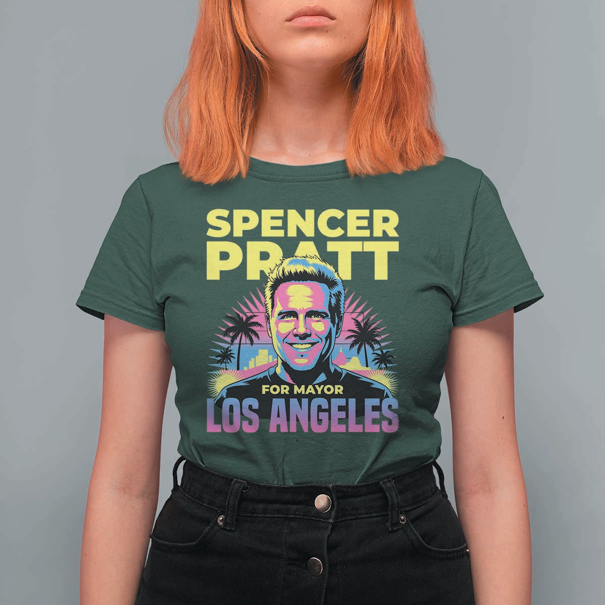 Spencer Pratt for Mayor Los Angeles Synthwave Graphic T Shirt For Women Retro Neon California Supporter