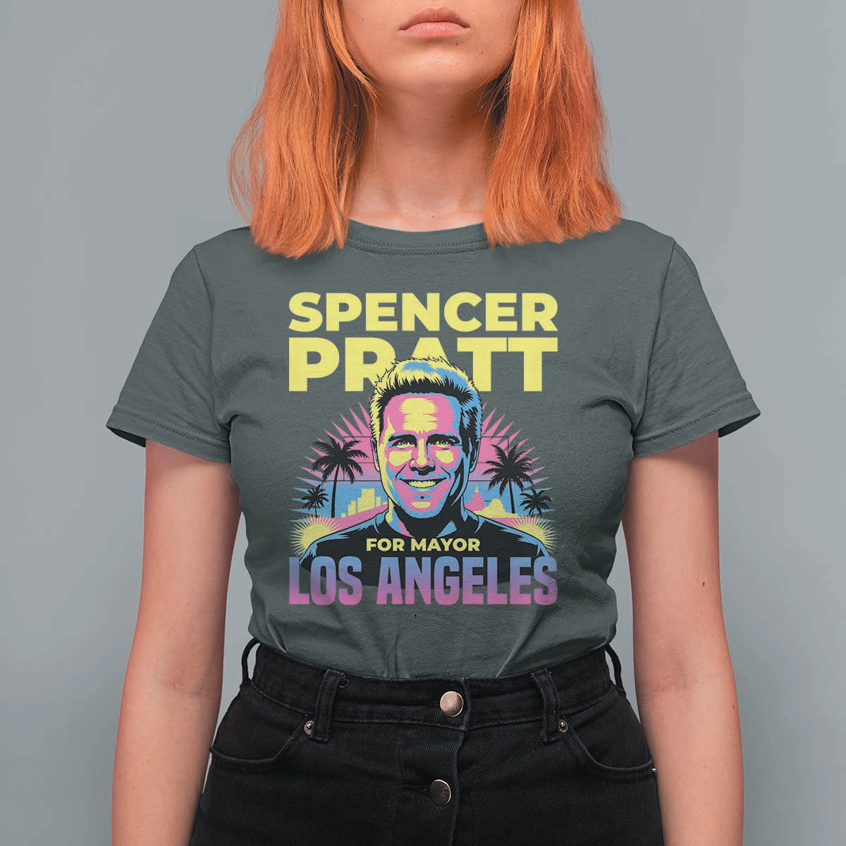 Spencer Pratt for Mayor Los Angeles Synthwave Graphic T Shirt For Women Retro Neon California Supporter