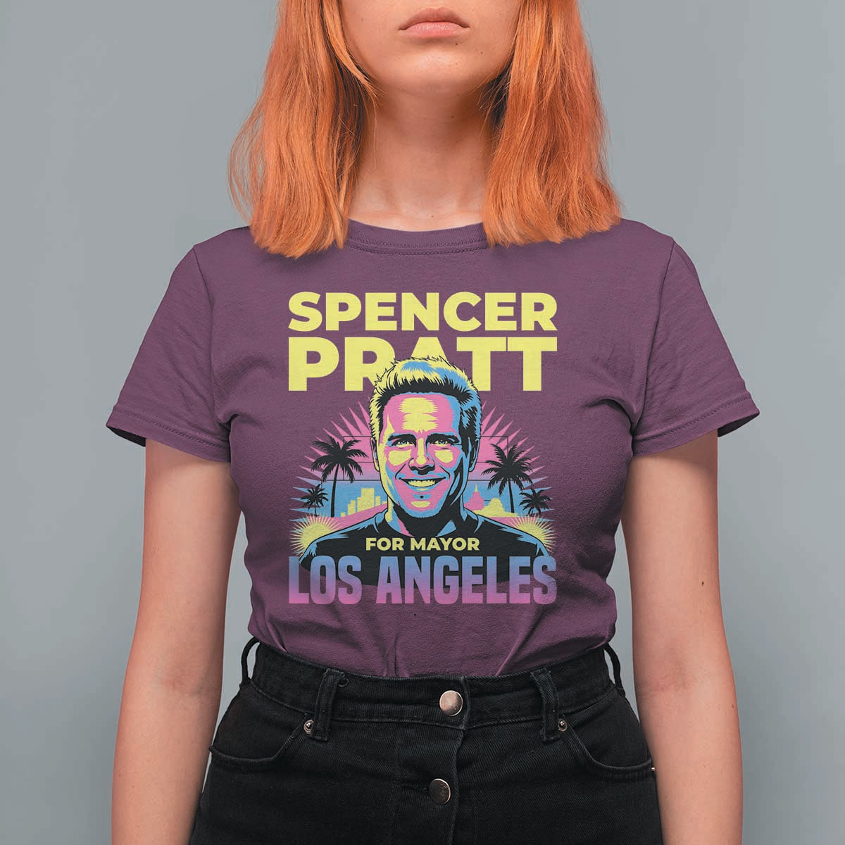 Spencer Pratt for Mayor Los Angeles Synthwave Graphic T Shirt For Women Retro Neon California Supporter