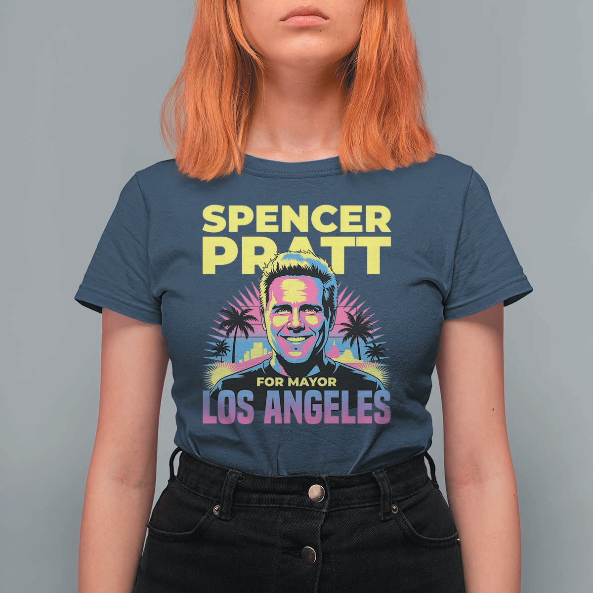 Spencer Pratt for Mayor Los Angeles Synthwave Graphic T Shirt For Women Retro Neon California Supporter