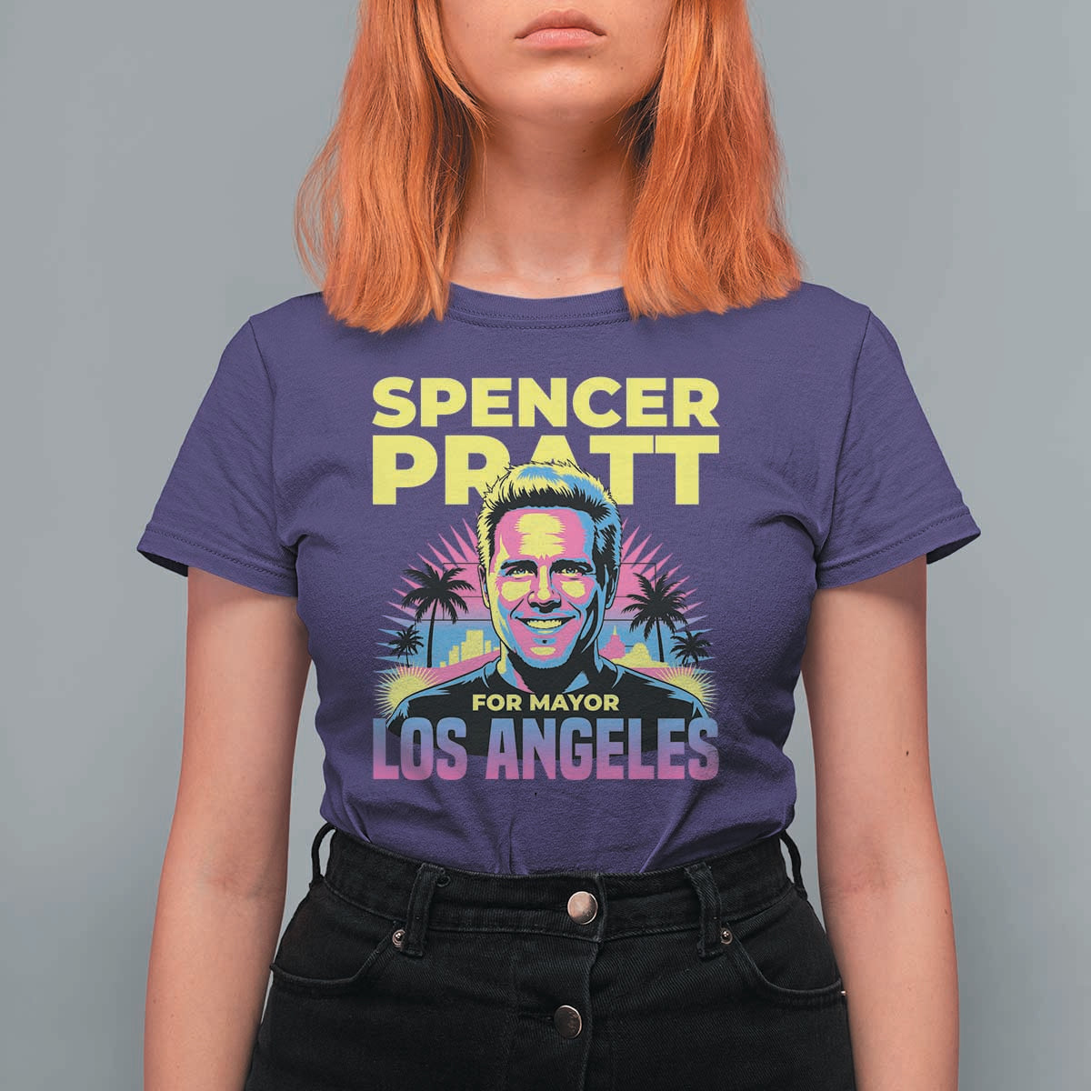 Spencer Pratt for Mayor Los Angeles Synthwave Graphic T Shirt For Women Retro Neon California Supporter