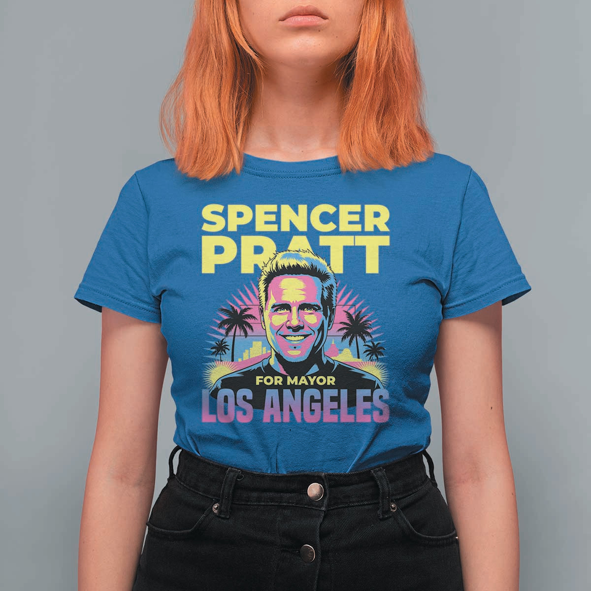 Spencer Pratt for Mayor Los Angeles Synthwave Graphic T Shirt For Women Retro Neon California Supporter