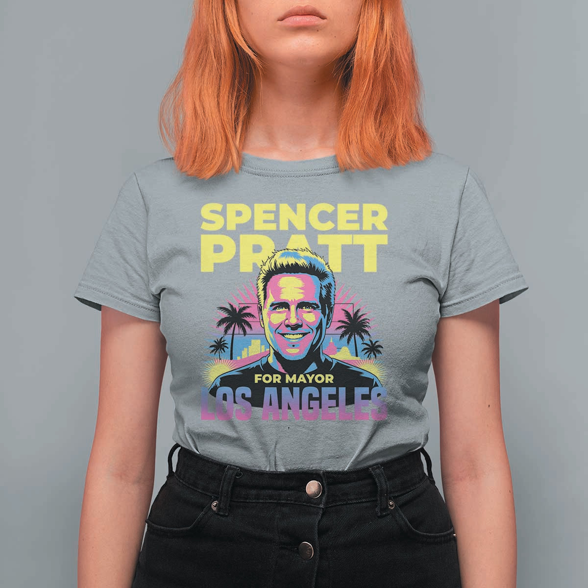 Spencer Pratt for Mayor Los Angeles Synthwave Graphic T Shirt For Women Retro Neon California Supporter