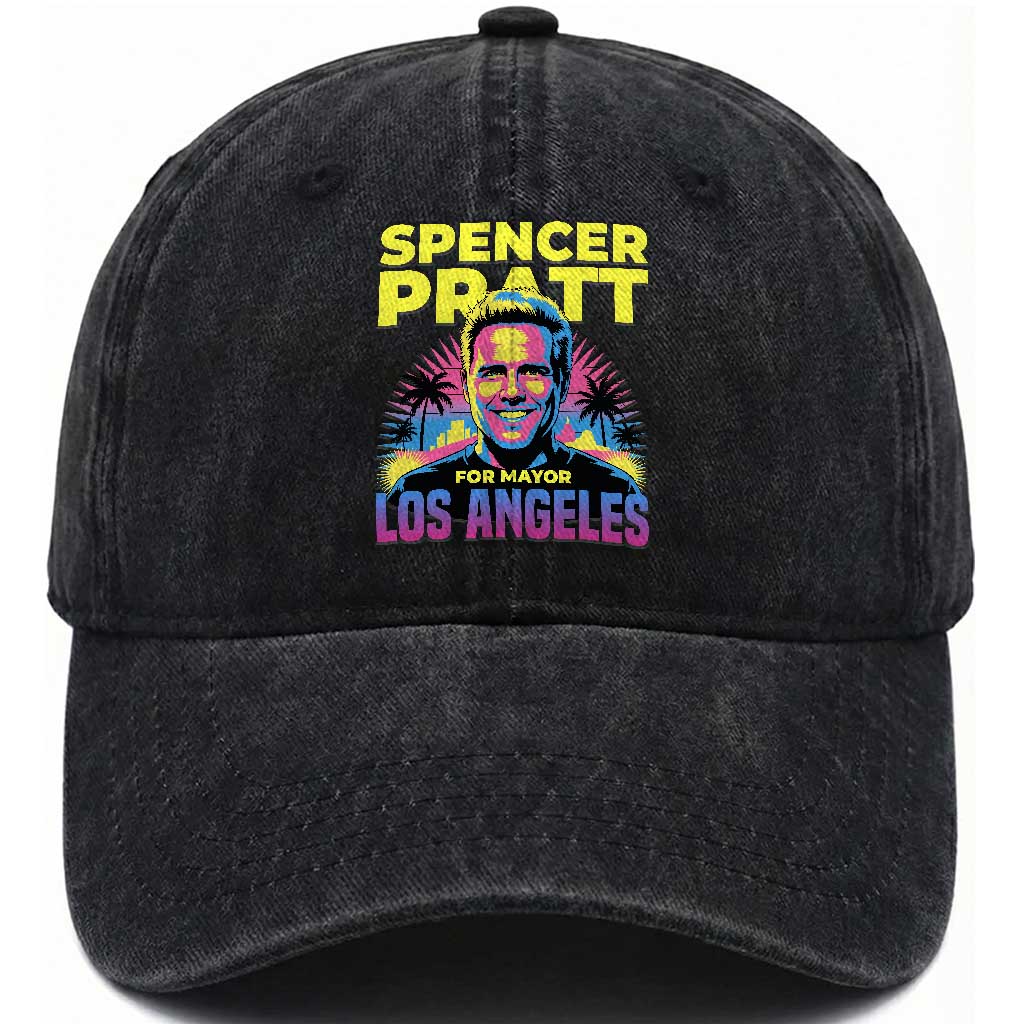 Spencer Pratt for Mayor Los Angeles Synthwave Graphic Washed Cotton Baseball Cap Retro Neon California Supporter