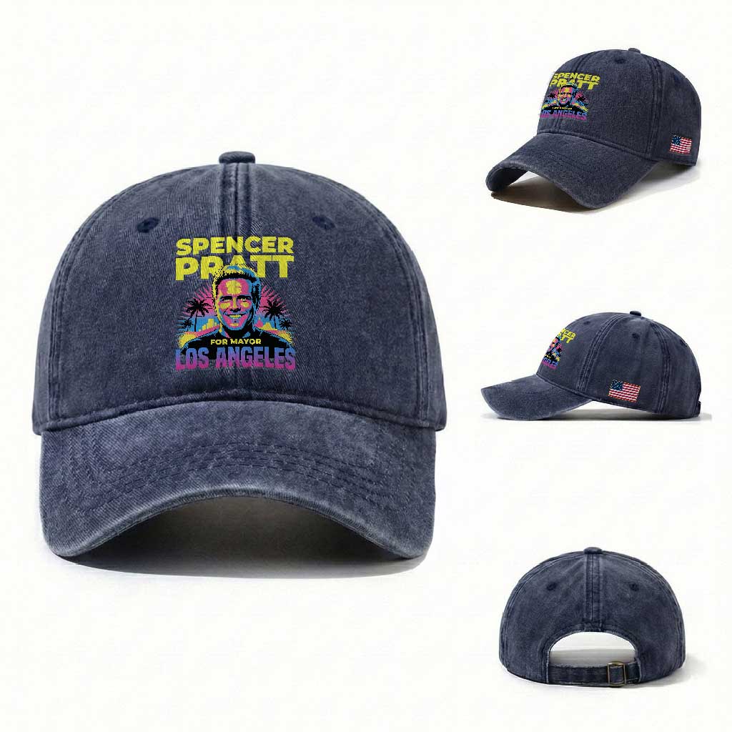 Spencer Pratt for Mayor Los Angeles Synthwave Graphic Washed Cotton Baseball Cap Retro Neon California Supporter