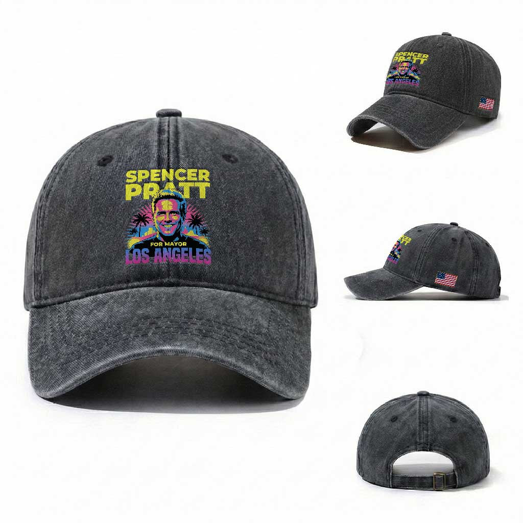 Spencer Pratt for Mayor Los Angeles Synthwave Graphic Washed Cotton Baseball Cap Retro Neon California Supporter