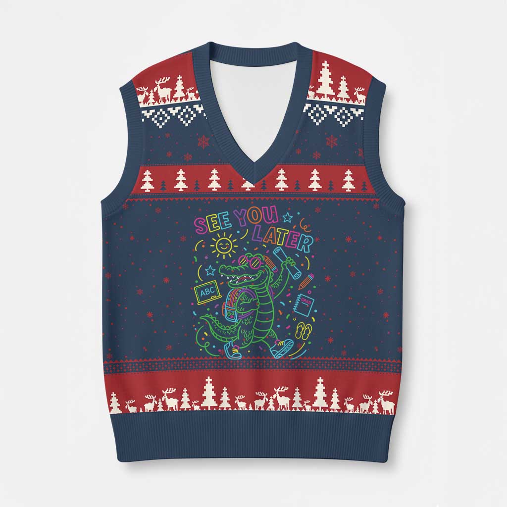 See You Later Alligator Last Day Of School V-Neck Knit Sweater Vest Cute Neon Chalkboard Kindergarten Graduation