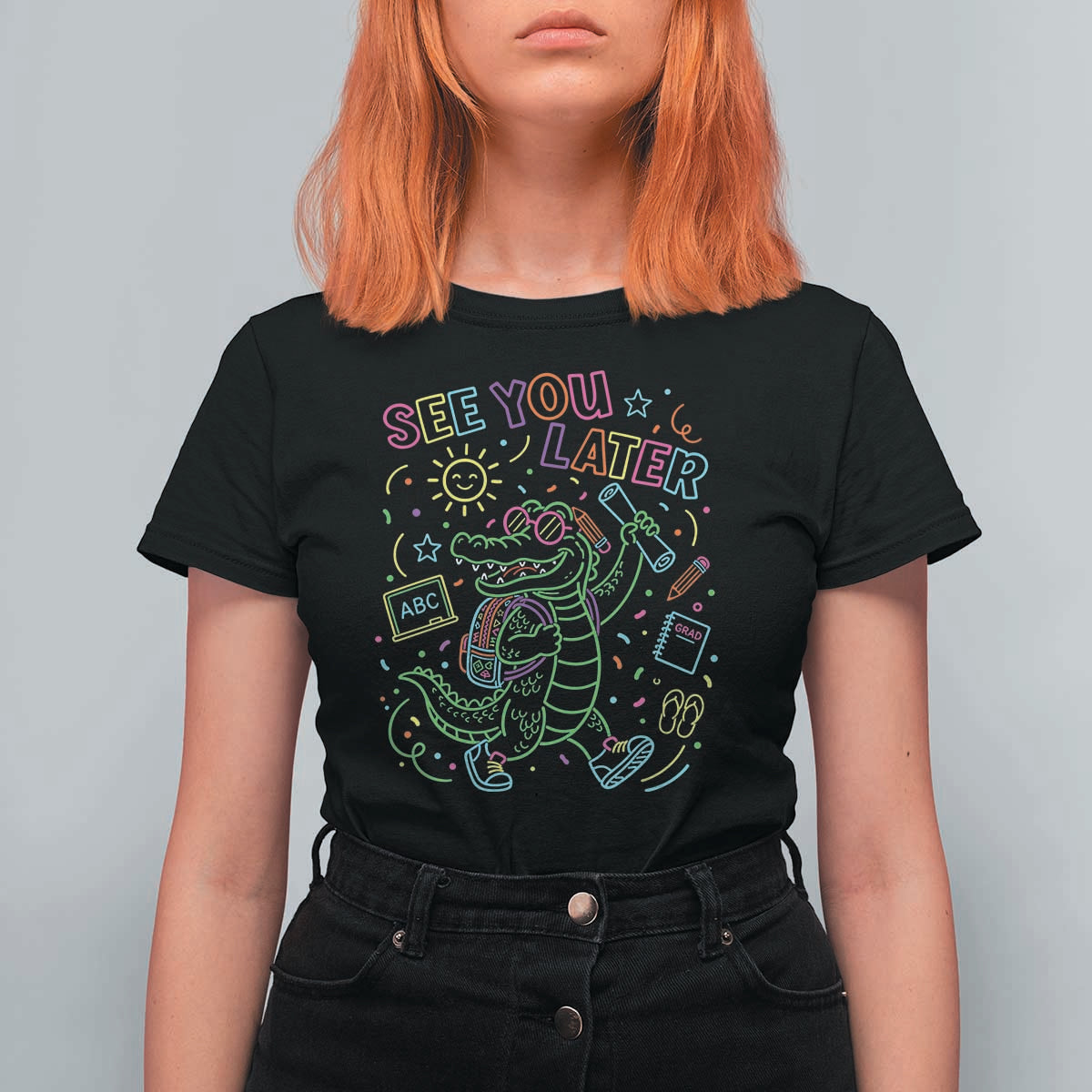 See You Later Alligator Last Day Of School T Shirt For Women Cute Neon Chalkboard Kindergarten Graduation