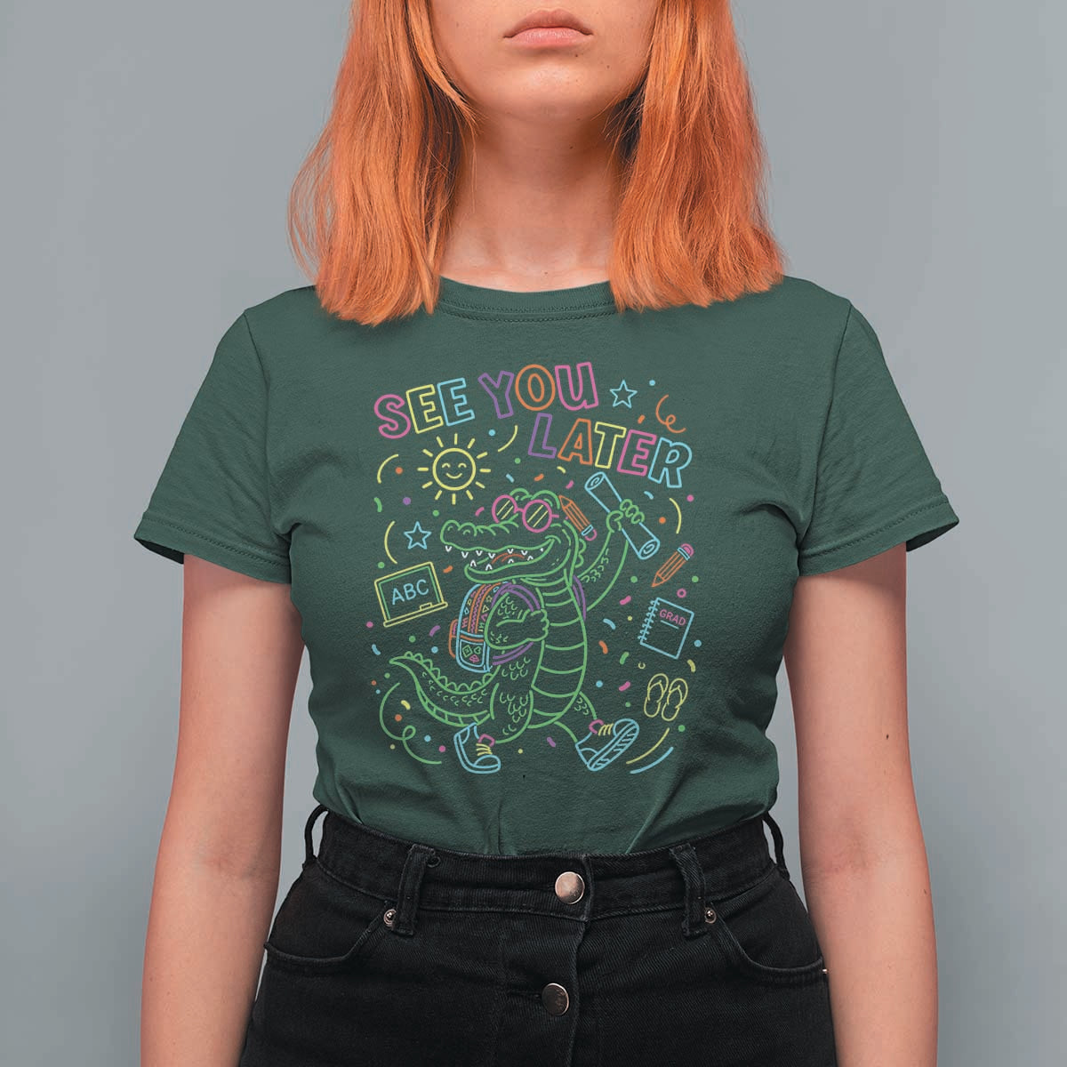 See You Later Alligator Last Day Of School T Shirt For Women Cute Neon Chalkboard Kindergarten Graduation