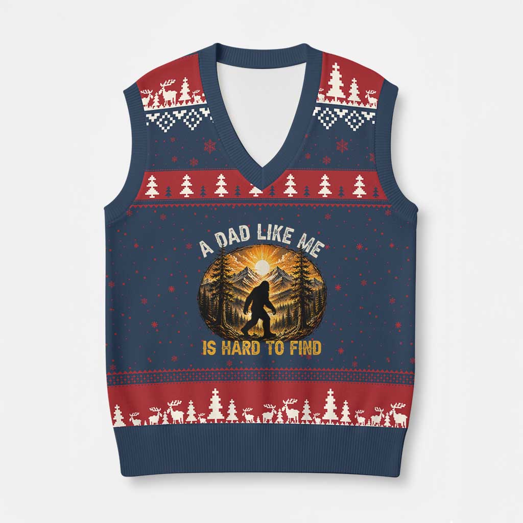 Retro Bigfoot Dad Like Me Is Hard To Find V-Neck Knit Sweater Vest Sasquatch Gift for Outdoorsy Fathers Myth Seekers