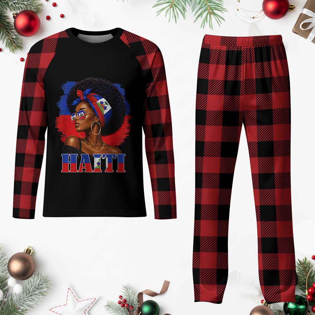Haitian Queen Afro Melanin Graphic Plaid Pajama Set Haiti Flag Heritage Pride