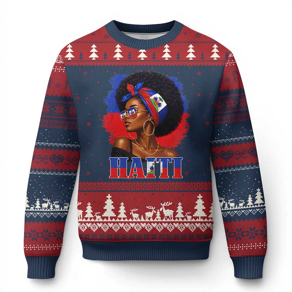 Haitian Queen Afro Melanin Graphic Ugly Christmas Sweater Haiti Flag Heritage Pride