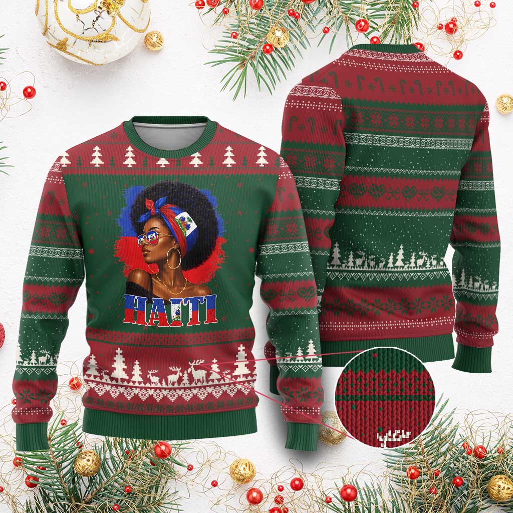 Haitian Queen Afro Melanin Graphic Ugly Christmas Sweater Haiti Flag Heritage Pride