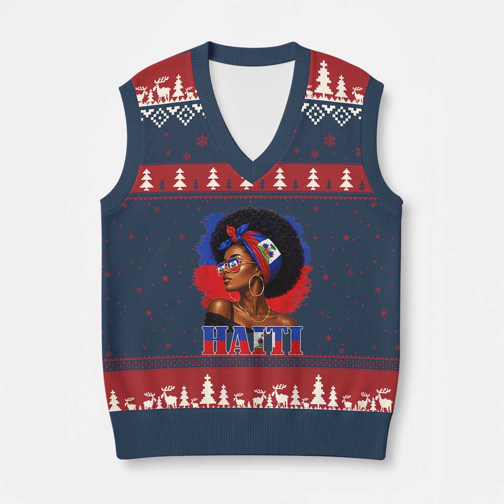 Haitian Queen Afro Melanin Graphic V-Neck Knit Sweater Vest Haiti Flag Heritage Pride